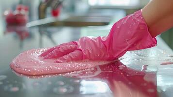 Bright Pink Gloves Elegantly Wiping Down A Shimmering Kitchen Countertop On A Sunny Afternoon photo