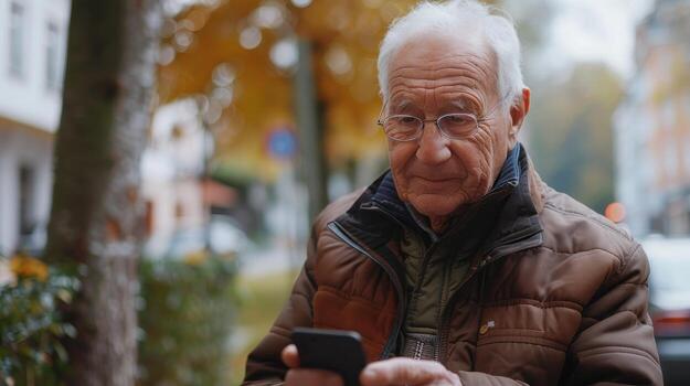 Senior Man Engaged in a Thoughtful Moment While Using His Smartphone Amidst Autumn's Colorful Foliage in a Charming Urban Setting photo
