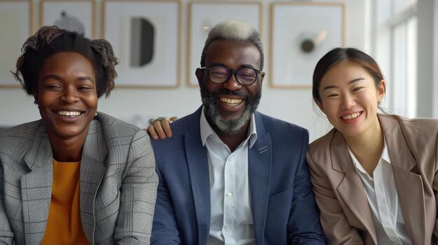 Diverse Group of Professionals Smiling Together in Modern Office Setting During Daylight Hours photo