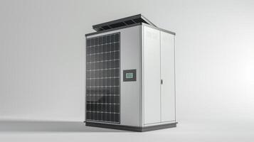 Innovative Solar Energy Storage Unit Showcasing Modern Technology in a Bright Studio Environment photo