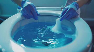 Carefully Cleaning a Toilet With Blue Water and Suds in a Bright Bathroom Setting During Daylight Hours photo