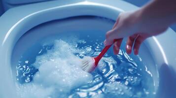 Cleaning A Sparkling Blue Toilet Bowl With Sudsy Water And A Red Brush In A Modern Bathroom photo