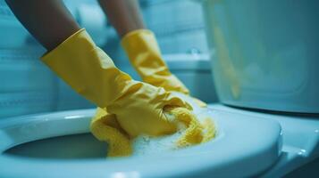 Dedicated Cleaning Efforts in a Bright Bathroom During Evening Hours photo