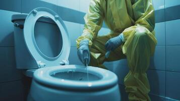 Cleaning Professional Wearing Protective Gear Working in Bathroom at Night photo