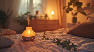 Cozy Evening Ambience in a Relaxing Bedroom With Soft Lighting and Aromatic Diffuser photo