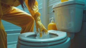 Bright Yellow Gloves Scrubbing a Toilet With Enthusiasm in a Sunlit Bathroom photo