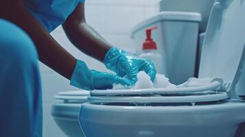 Cleaning and Disinfecting a Public Restroom Toilet With Care and Precision by Dedicated Staff in a Brightly Lit Facility photo