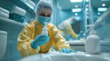Dedicated Healthcare Worker Wearing Protective Gear While Preparing Medical Supplies in a Clean Environment photo