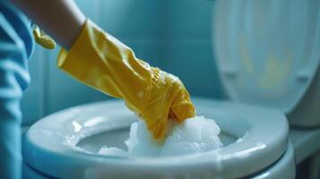 Efficiently Cleaning a Bathroom Toilet With Bubbles and Careful Attention in a Bright Blue Room photo