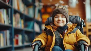 Cheerful Child in Wheelchair Enjoying a Cozy Library Visit on a Winter Day photo