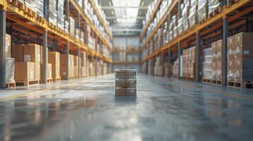 Pallets of Goods Awaiting Distribution in a Vast Warehouse During Afternoon Light photo