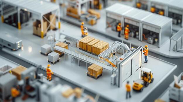 Miniature Warehouse Activity at Dawn Featuring Workers Transporting Packages on Conveyors photo