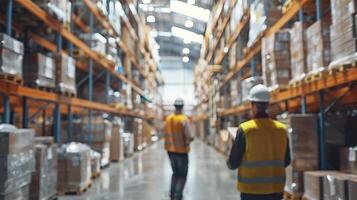 Efficient Workers Organizing Inventory in a Spacious Warehouse During Daylight Hours photo