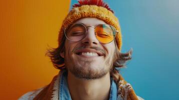 Joyful Man With Colorful Hat Smiling Against Bright Orange and Blue Wall During Daytime photo