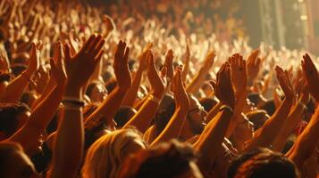 Enthusiastic Audience Raising Hands in Celebration During a Live Concert at Night photo