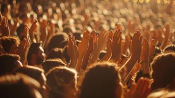 A Vibrant Crowd of Enthusiastic Fans Applauding at a Majestic Outdoor Concert During a Warm Summer Evening photo