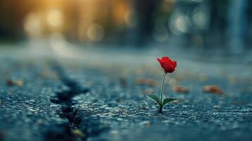 A Resilient Red Rose Blooms Through Cracks in the Urban Pavement at Sunset photo