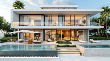 Modern Villa by the Shore at Sunset With Luxurious Pool and Tropical Landscaping photo