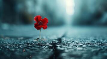 Resilient Red Blossom Emerging From Cracked Asphalt in Urban Environment During Late Afternoon Light photo
