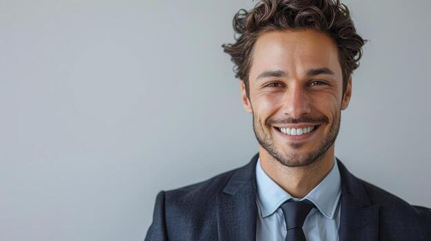 Confident Young Man Smiling in a Stylish Suit Against a Subtle Background in a Modern Office Setting photo
