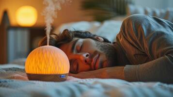 Relaxing Evening Routine at Home With Aromatherapy Diffuser While Sleeping Soundly in a Cozy Bedroom photo
