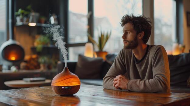 relajante noche en un acogedor vivo habitación con aromático difusor y contemplativo hombre foto
