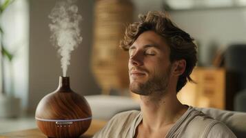 Relaxing Moments of Meditation With Essential Oil Diffuser in a Tranquil Indoor Space During Daytime photo