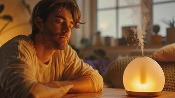 Relaxing Evening at Home With Aromatherapy Diffuser and Soft Ambient Lighting photo