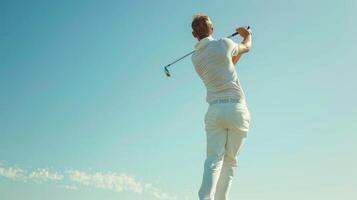 A Golfer Perfectly Swinging on a Sunny Day at the Green Undulating Course photo