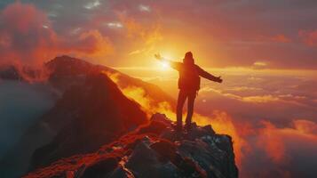 Dramatic Sunrise Over Majestic Mountain Peaks With Adventurer Embracing the Dawn Sky photo
