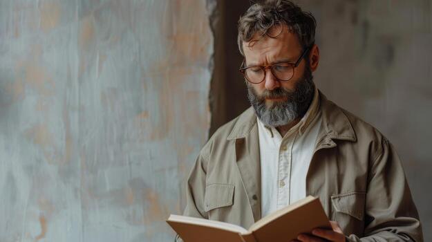 A Thoughtful Man Engaged in Reading an Antique Book by a Sunlit Window photo
