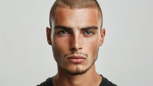 cautivador joven hombre con fuerte caracteristicas y intenso mirada en contra un sutil antecedentes en natural ligero foto