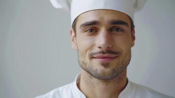 Joyful Chef in White Uniform Smiling Brightly in Brightly Lit Kitchen photo