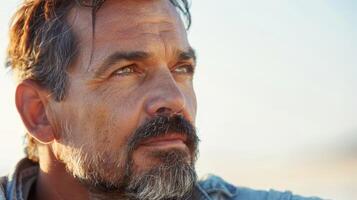 Reflective Man Contemplates Life During Golden Hour by the Ocean Shore photo