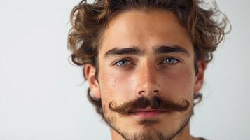 Captivating Portrait of a Young Man With Curly Hair and Distinctive Mustache in Soft Natural Light photo