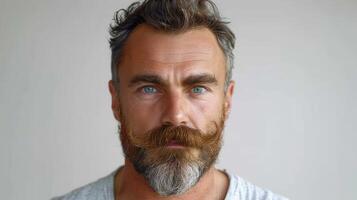 Handsome Man With Striking Blue Eyes and Full Beard Posing Against a Simple Background in Natural Light photo