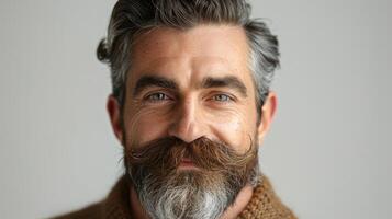 Bearded Man Smiling Brightly in Cozy Sweater Against Neutral Background on a Bright Day photo