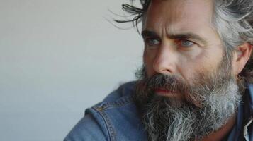 Contemplative Bearded Man Gazes Thoughtfully Out Over Rolling Hills During Golden Hour Sunlight photo