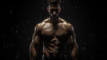 Dramatic Silhouette of a Muscular Man Standing in a Downpour Under Dim Light at Night photo