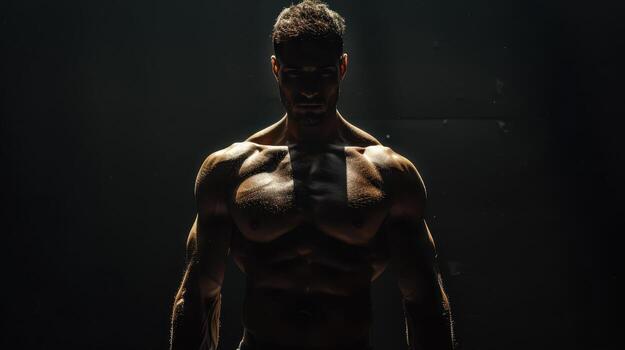 Dynamic Silhouette of a Muscular Athlete in Dramatic Lighting During an Intense Workout Session photo
