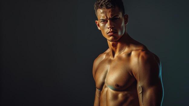 esculpido masculino modelo posando dramáticamente en contra oscuro antecedentes en estudio Encendiendo diseño foto