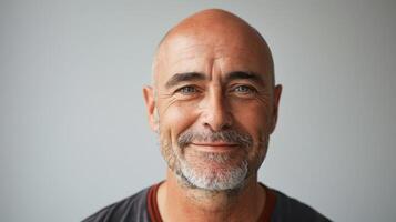 Warm Smiles of a Middle-Aged Man in Casual Attire Against a Neutral Background photo