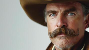A Rugged Cowboy Stands Proudly With Intense Gaze and Iconic Mustache in Sunlit Western Setting photo