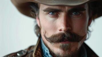A Confident Cowboy Showcases His Distinguished Mustache in a Studio Portrait photo