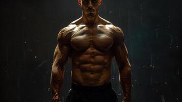 A Striking Male Model Showcasing Impressive Muscle Definition in Dark Studio With Dramatic Lighting photo