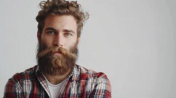 Handsome Bearded Man With Curly Hair in Checkered Shirt Posing Thoughtfully Against a Simple Background photo