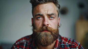 Captivating Bearded Man in Cozy Indoor Setting With Deep Expression and Striking Blue Eyes During Soft Ambient Light photo