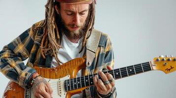 A Passionate Musician With Dreadlocks Playing Guitar in a Bright Studio During Daylight photo