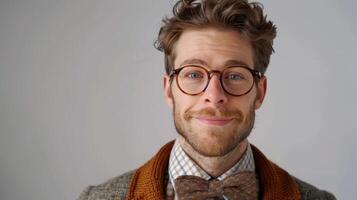 Charming Young Man in Vintage Attire With Bow Tie and Stylish Glasses Portrait Taken in a Bright Studio Setting photo