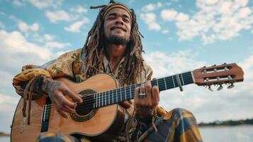 Soulful Musician Enchants Nature With Melodies at Sunset by the Water's Edge photo